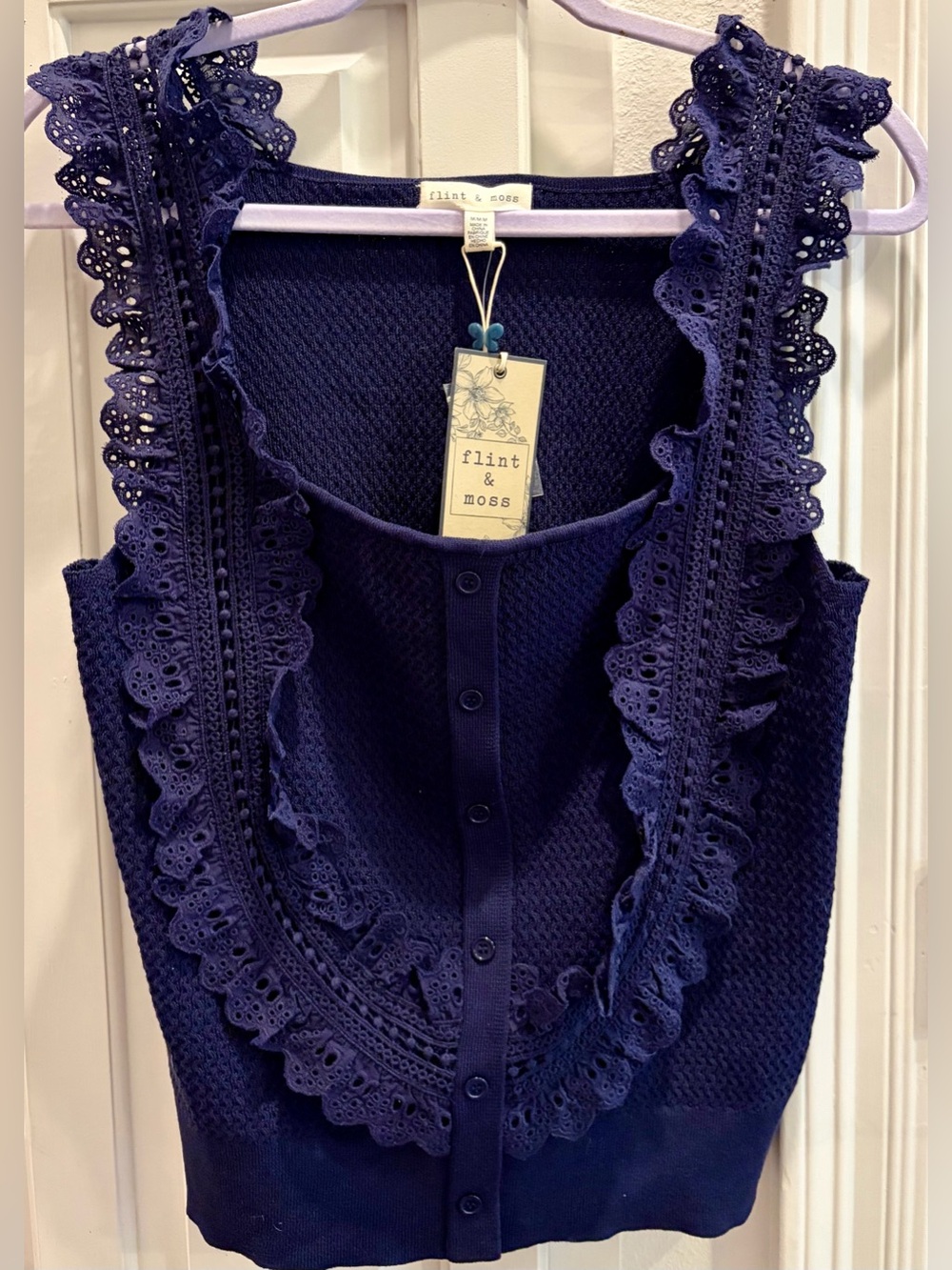 NWT FLINT & MOSS Women's Navy Eyelet Ruffle Tank/Femine -perfect for Summer/Fall